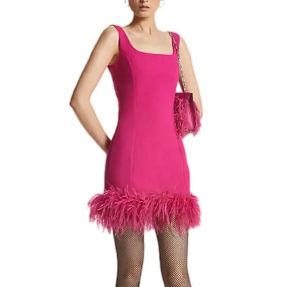 NWT Michael Kors Feather Trim Stretch Crepe Shift Dress in deep /fushia. Size 6